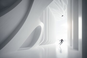 Poster - a man is walking through a white tunnel with a bird flying overhead ski slope advertising photograph