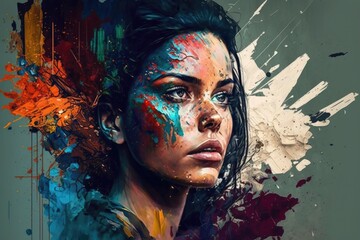 Poster - A Woman With A Colorful Face And Artistic Paint Splattered On Her Face Graffiti Wall Expressionism Art