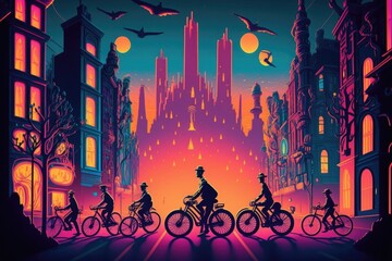 Poster - A Group Of People Riding Bikes Down A Street At Night With Bats Flying Overhead Modern City At Dusk Animation Cities Generative AI 