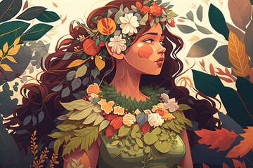 Poster - A Woman With A Flower Crown On Her Head And Leaves Around Her Neck Forest Art Nouveau Print Design