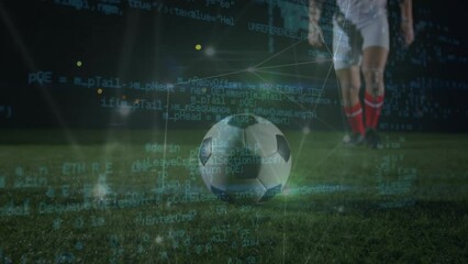 Poster - Animation of network of connections over caucasian football player with football on pitch