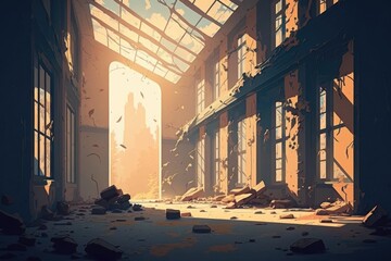 Poster - A Room With A Broken Ceiling And Broken Windows And Debris On The Floor Abandoned Factory At Sunset Animation Animation Generative AI 