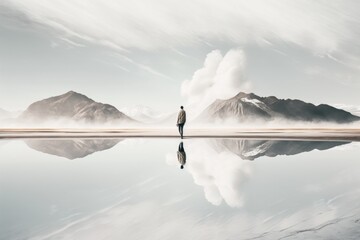 Aufkleber - A Man Standing On A Beach With Mountains In The Background And A Foggy Sky Lunar Landscape Fine Art Photography Fine Art Photography Generative AI 