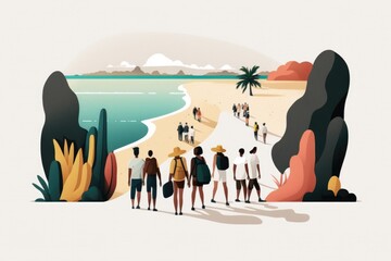 Poster - A Group Of People Standing On A Beach Next To The Ocean Resort Environmental Art Group Travel
