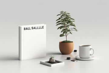Fototapete - A Plant And A Cup Of Coffee On A Table With A Book Basketball Court Time-lapse Photography Branding And Identity Design Generative AI 