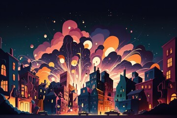 Poster - A City With Fireworks And Buildings In The Night Sky With A Car Driving By Modern City At Dusk Animation Cities
