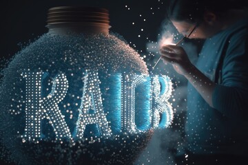 Poster - A Woman Is Holding A Sparkle Stick And Looking At A Light Bulb Bank Kinetic Art Motion Graphics Generative AI 