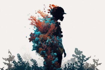 Poster - A Man Standing In Front Of A Forest Filled With Trees And Plants Coral Reef Environmental Art Digital Illustration