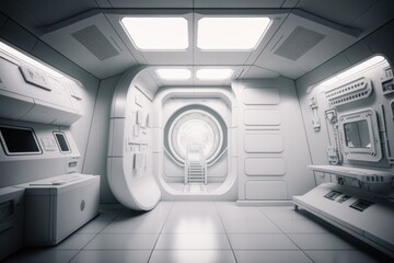 Poster - A Futuristic Room With A Round Window And A Ladder Leading To A Door Hospital Infrared Photography Medical Imaging Generative AI 