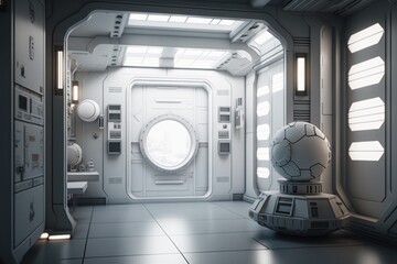 Poster - A Futuristic Looking Room With A Window And A Ball On The Floor Classroom Photorealism 3d Modeling