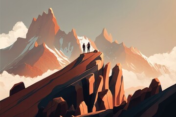 Aufkleber - A Couple Of People Standing On Top Of A Mountain Top With A Sky Background Mountain Animation Mountains