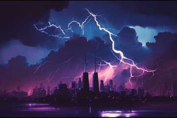Poster - A City Skyline With A Lot Of Lightning In The Sky Above Modern City Skyline At Sunset With Clouds Digital Art Meteorology Generative AI 