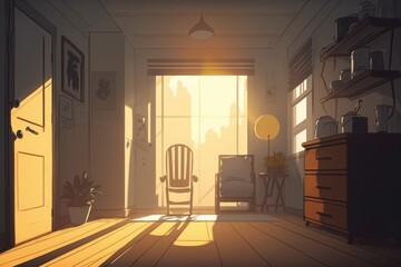 Poster - a room with a chair and a window in it with the sun shining through living room animation animation 