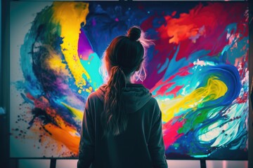 Fototapete - A Woman Looking At A Colorful Painting In A Dark Room With A Large Window Art Museum Color Field Painting Art