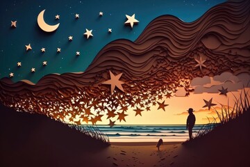 Poster - A Man Standing On A Beach Under A Night Sky With Stars Moonlit Beach Paper Cutting Digital Illustration