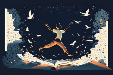 Poster - A Man Jumping In The Air Over A Book With Birds Flying Around Library Animation Literacy Education