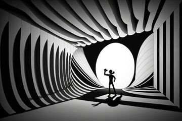 Fototapete - A Man Standing In A Tunnel With A Camera In His Hand Lunar Landscape Kinetic Art Set Design Generative AI 