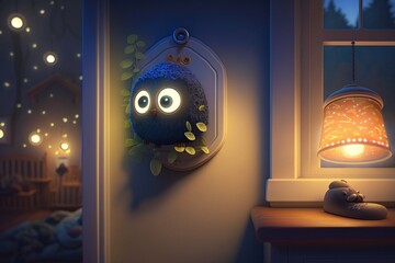 Poster - A Night Light With A Bird On It And A Lamp On The Wall Rustic Mountain Cabin Interior In Winter Forest At Night Photorealism Environment Generative AI 