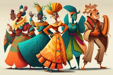 Poster - A Group Of People In Colorful Costumes Dancing Together With Their Hands In The Air Savanna Rococo Costume Design Generative AI 