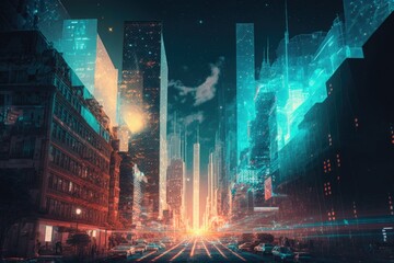 Poster - a city with tall buildings and neon lights at night time with a street in the foreground modern city