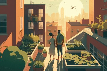 Poster - A Couple Of People Standing On A Balcony Next To A Plant Urban Rooftop Garden Environmental Art Green Living Generative AI 