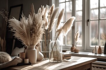 fluffy reed plumes on white living room table. generative ai