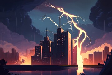 Poster - a city with a lightning bolt in the sky and a lake in front of it modern city skyline in the evening