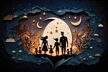 Wall Mural - A Paper Cut Of A Family Under A Full Moon With Stars Lunar Landscape Paper Cutting Fiction Writing