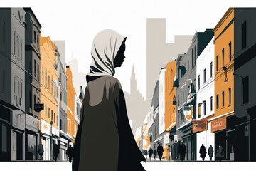 Poster - A Woman Walking Down A Street In A City With Tall Buildings Oasis Digital Art Digital Illustration Generative AI 