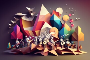 Poster - A Group Of People Standing On Top Of A Mountain With A Guitar Oasis Paper Cutting Motion Graphics