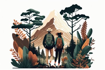 Poster - Two People With Backpacks Are Walking Through The Woods With Mountains In The Background National Park Woodcut Adventure Travel Generative AI 