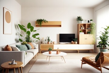 Poster - A Living Room With A Couch Coffee Table And A Television Living Room Minimalism Green Living