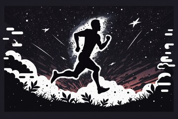 Poster - A Man Running Across A Field Under A Night Sky With Stars Lunar Landscape Time-lapse Photography Fitness Apparel Generative AI 