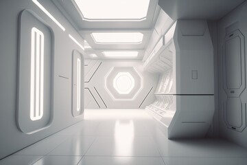 Poster - A White Room With A Light Coming Through The Ceiling And A Door Leading To Another Room Arcade Minimalism Set Design Generative AI 