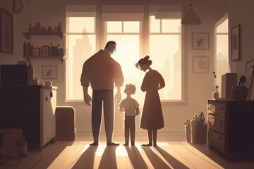 Poster - A Man And Woman Standing In A Room With A Child In Front Of A Window Zoo Animation Animation Filmmaking Generative AI 