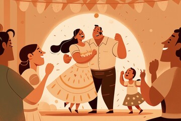 Poster - A Man And Woman Are Dancing With A Child In A Room Nightclub Animation Latin American Culture