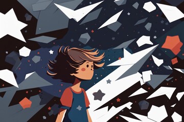 Poster - A Girl Is Looking At Stars In The Sky With Her Hair Blowing In The Wind Lunar Landscape Origami Fiction Writing Generative AI 