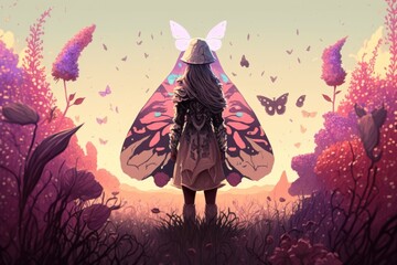 Poster - A Girl With A Butterfly Wings Standing In A Field Of Flowers Forest Digital Art Digital Illustration Generative AI 