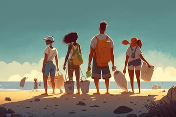 Poster - A Group Of People Walking On A Beach Next To The Ocean Beach Environmental Art Beaches