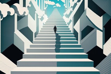 Poster - A Man Is Walking Up A Set Of Stairs With Clouds In The Sky Ski Slope Graphic Design Ethics In Business