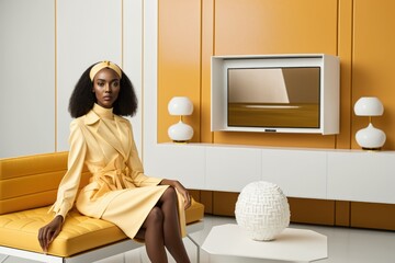 Aufkleber - a woman in a yellow dress sitting on a yellow chair in a room living room video art commercial model
