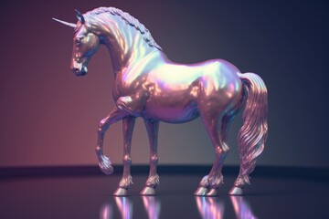 Poster - A Shiny Unicorn Statue Is Standing On A Reflective Surface With A Purple Background Workshop Photorealism 3d Modeling Generative AI 