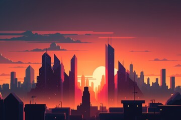 Poster - A City Skyline With A Sunset In The Background And Clouds In The Sky Modern City Skyline At Sunset Animation Cities Generative AI 