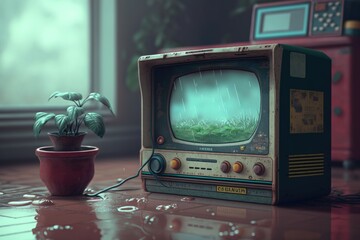 Poster - A Small Tv Sitting Next To A Potted Plant On A Table Oasis Environmental Art Television Production Generative AI 