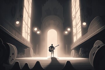 Poster - A Man Standing In A Hallway With A Guitar In His Hand Church Animation Animation Filmmaking
