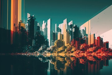 Poster - A City Skyline With A Reflection Of The Buildings In The Water Modern Urban Skyline Abstract Photography Cities Generative AI 