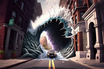 Poster - A Car Driving Through A Giant Wave In The Middle Of A Street Deep Sea Trench Photorealism Digital Photography Generative AI 