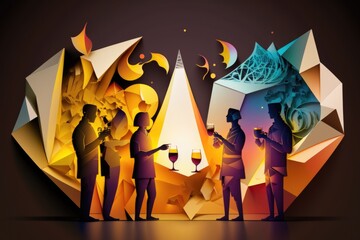 Poster - A Group Of People Standing Next To Each Other Holding Wine Glasses Nightclub Graphic Design Food And Beverage Generative AI 