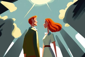 Poster - A Man And A Woman Standing In Front Of A Sun With Clouds Zoo Animation Animation Filmmaking