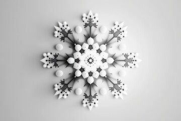 Fototapete - A Snowflake Made Of White And Black Balls On A Gray Background Arctic Tundra Found Object Art Pharmaceutical Sales Generative AI 
